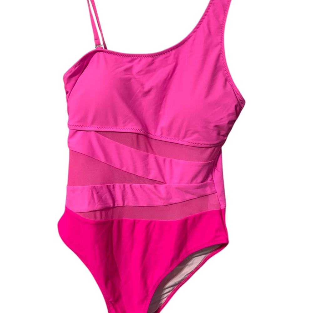 Hot Pink One-Shoulder Mesh Panel One-Piece Swimsuit